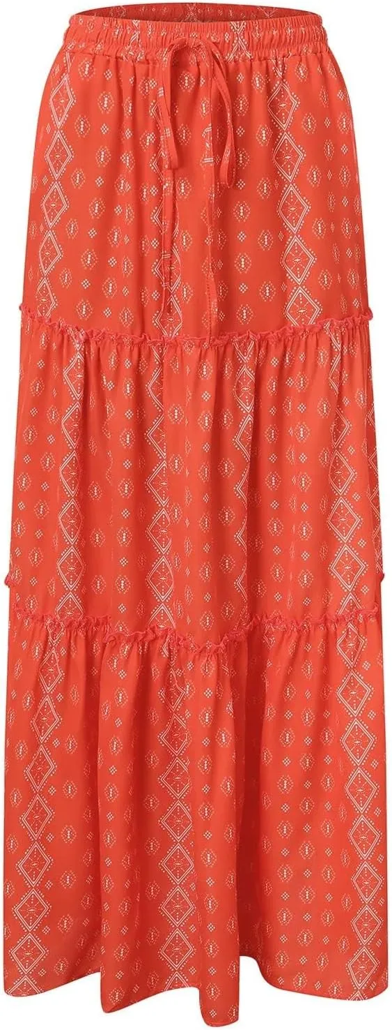 Womens Boho Maxi Skirts Summer Floral Print Elastic High Waisted Skorts Casual Flowy Tiered Ruffle Hem Long Skirts