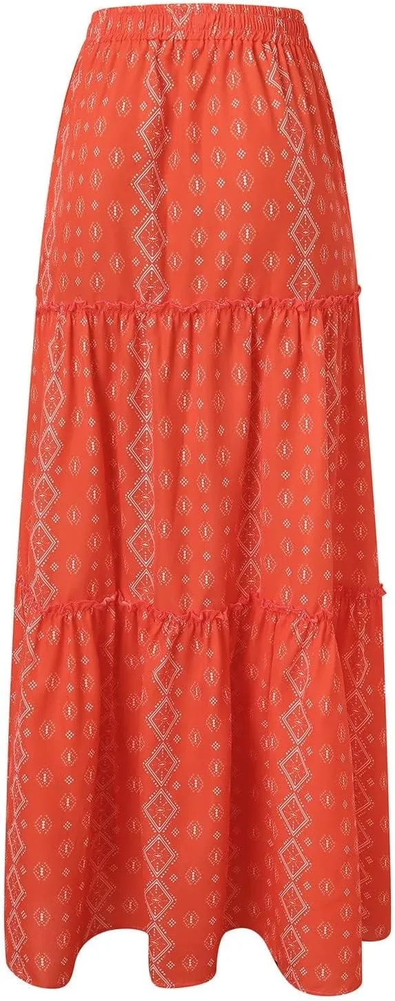 Womens Boho Maxi Skirts Summer Floral Print Elastic High Waisted Skorts Casual Flowy Tiered Ruffle Hem Long Skirts