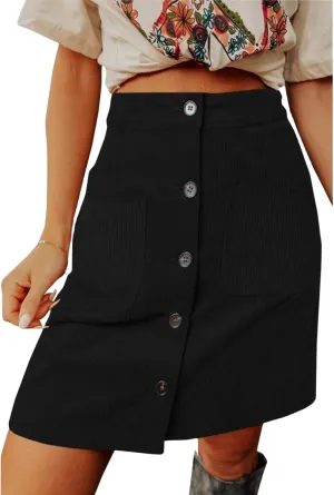 Womens Corduroy Skirts Casual High Waisted Button Down Midi Skirt Loose Solid Color A Line Short Skirt with Pockets