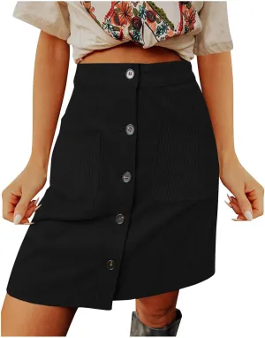 Womens Corduroy Skirts Fall Winter Casual High Waist Button Down Front Solid Color A-line Short Skirt with Pockets