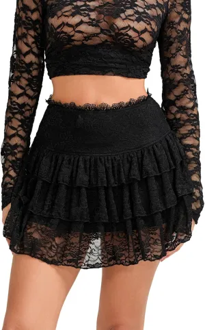 Women's Lace Mini Skirt High Waist Pleated Skirts Y2k Summer Casual Tasseled Short Skirts Streetwear