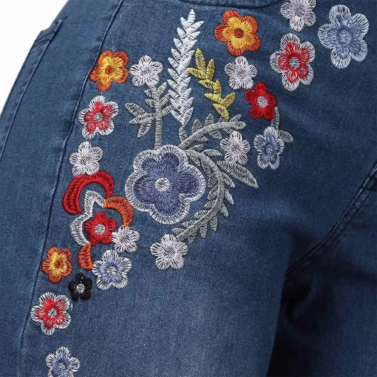 Womens Mid Rise Floral Embroidered Bell Bottom Flare Jeans Vintage Bootcut Jeans Skinny Fit Denim Pants