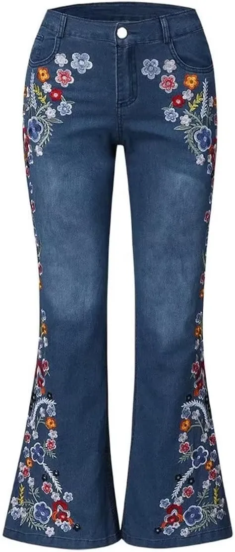 Womens Mid Rise Floral Embroidered Bell Bottom Flare Jeans Vintage Bootcut Jeans Skinny Fit Denim Pants