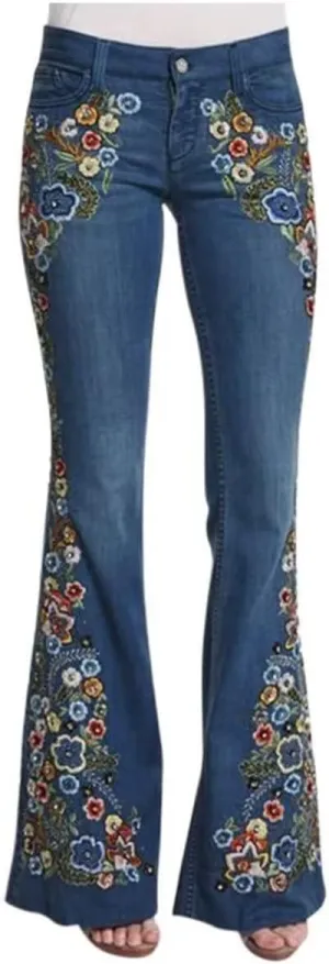 Womens Mid Rise Floral Embroidered Bell Bottom Flare Jeans Vintage Bootcut Jeans Skinny Fit Denim Pants