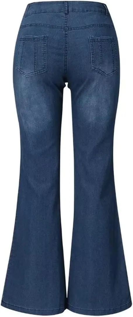 Womens Mid Rise Floral Embroidered Bell Bottom Flare Jeans Vintage Bootcut Jeans Skinny Fit Denim Pants