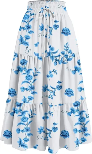 Women's Pleated Skirt Summer Casual Loose Trendy Elastic Waist Floral Print Bohemian Sun A-Line Maxi Skirts 2025, S-2XL