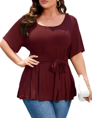 Women's Plus Size Dressy Tops Casual T Shirt Short Sleeve Tunic Top Plus Size Scoop Neck Summer Blouse Shirt with Belt Women's Plus Size Dressy Tops Casual T Shirt Short Sleeve Tunic Top Plus Size Scoop Neck Summer Blouse Shirt with Belt