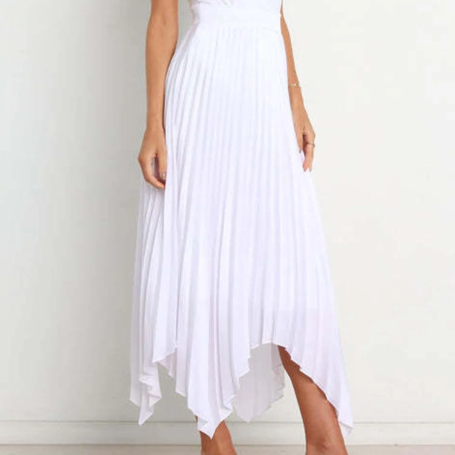 Women's Shirring Pleated Midi Skirt Asymmetrical Hem Trendy Clothes Summer Elastic High Waisted A-Line Swing Skirts