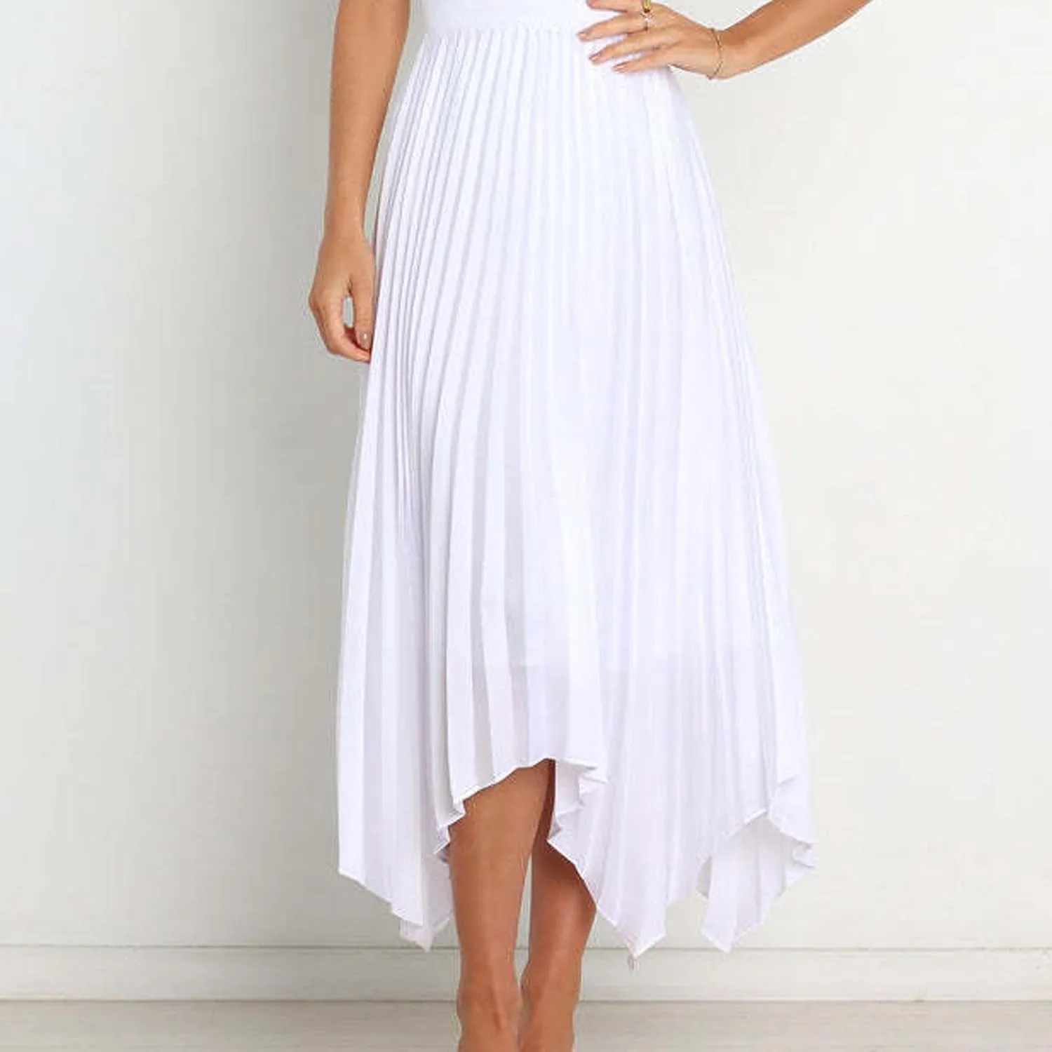 Women's Shirring Pleated Midi Skirt Asymmetrical Hem Trendy Clothes Summer Elastic High Waisted A-Line Swing Skirts