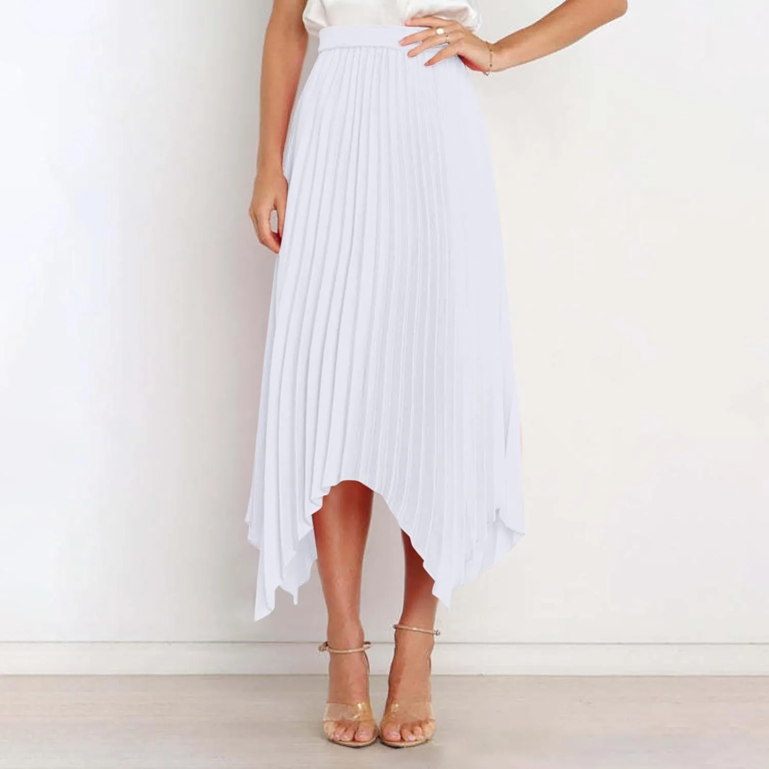 Women's Shirring Pleated Midi Skirt Asymmetrical Hem Trendy Clothes Summer Elastic High Waisted A-Line Swing Skirts