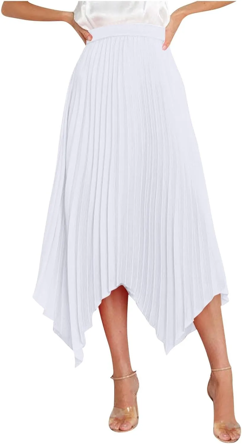 Women's Shirring Pleated Midi Skirt Asymmetrical Hem Trendy Clothes Summer Elastic High Waisted A-Line Swing Skirts