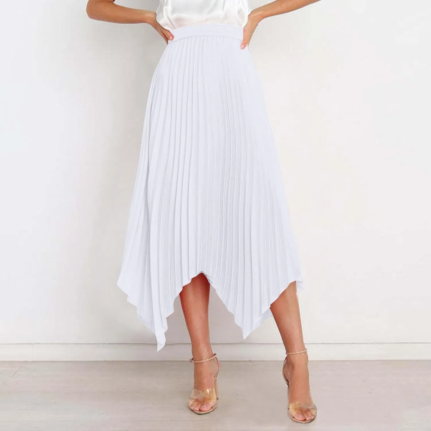 Women's Shirring Pleated Midi Skirt Asymmetrical Hem Trendy Clothes Summer Elastic High Waisted A-Line Swing Skirts
