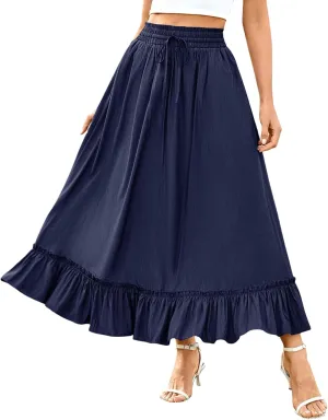 Womens Summer Maxi Skirts Trendy Boho High Waist Drawstring Tiered Ruffle Hem Skirt Casual Flowy A-Line Beach Skirts