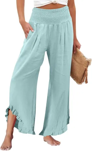 Women's Wide Leg Pants 2025 Solid Petite Stretch Loose Flowy Lounge Pants with Pockets, S-3XL