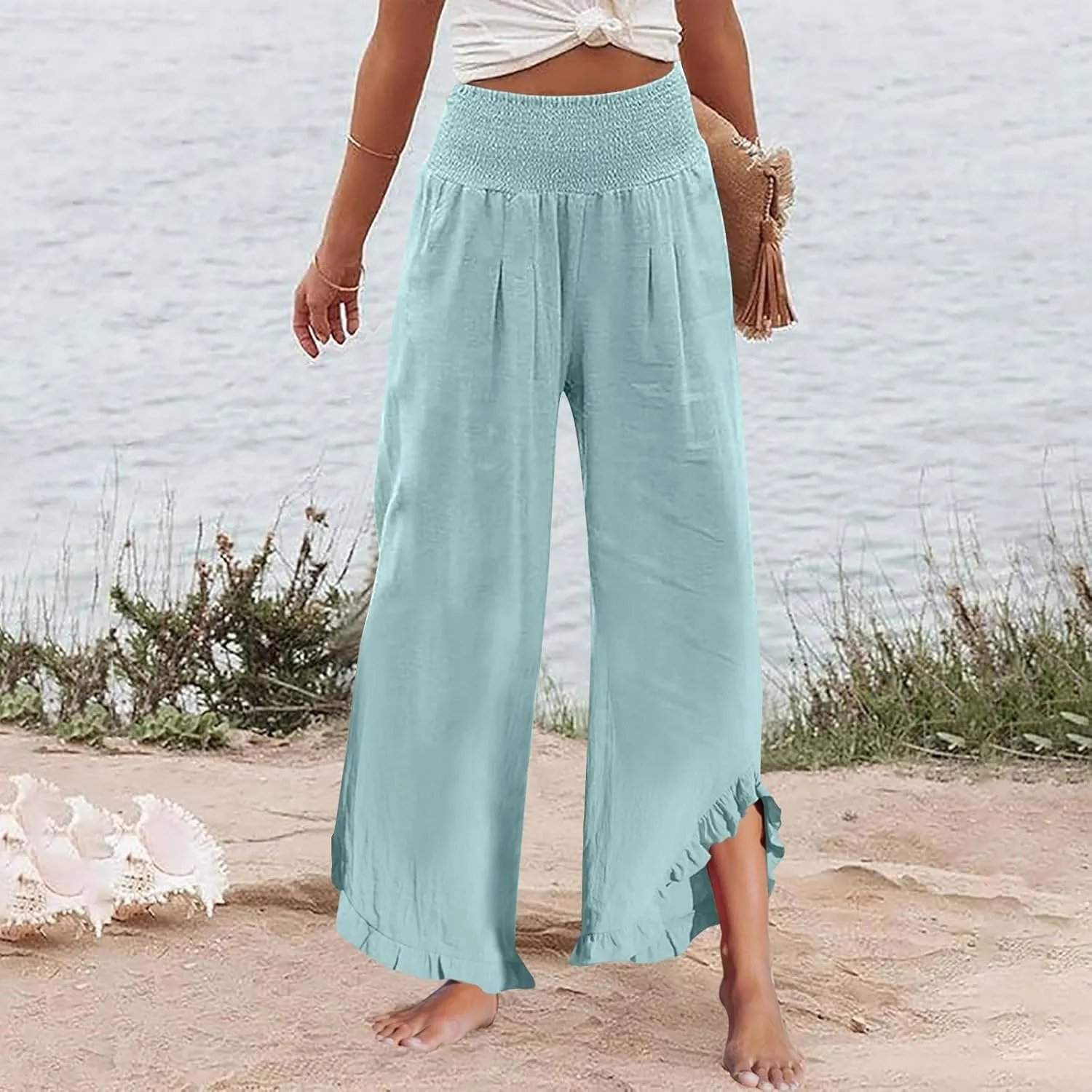 Women's Wide Leg Pants 2025 Solid Petite Stretch Loose Flowy Lounge Pants with Pockets, S-3XL