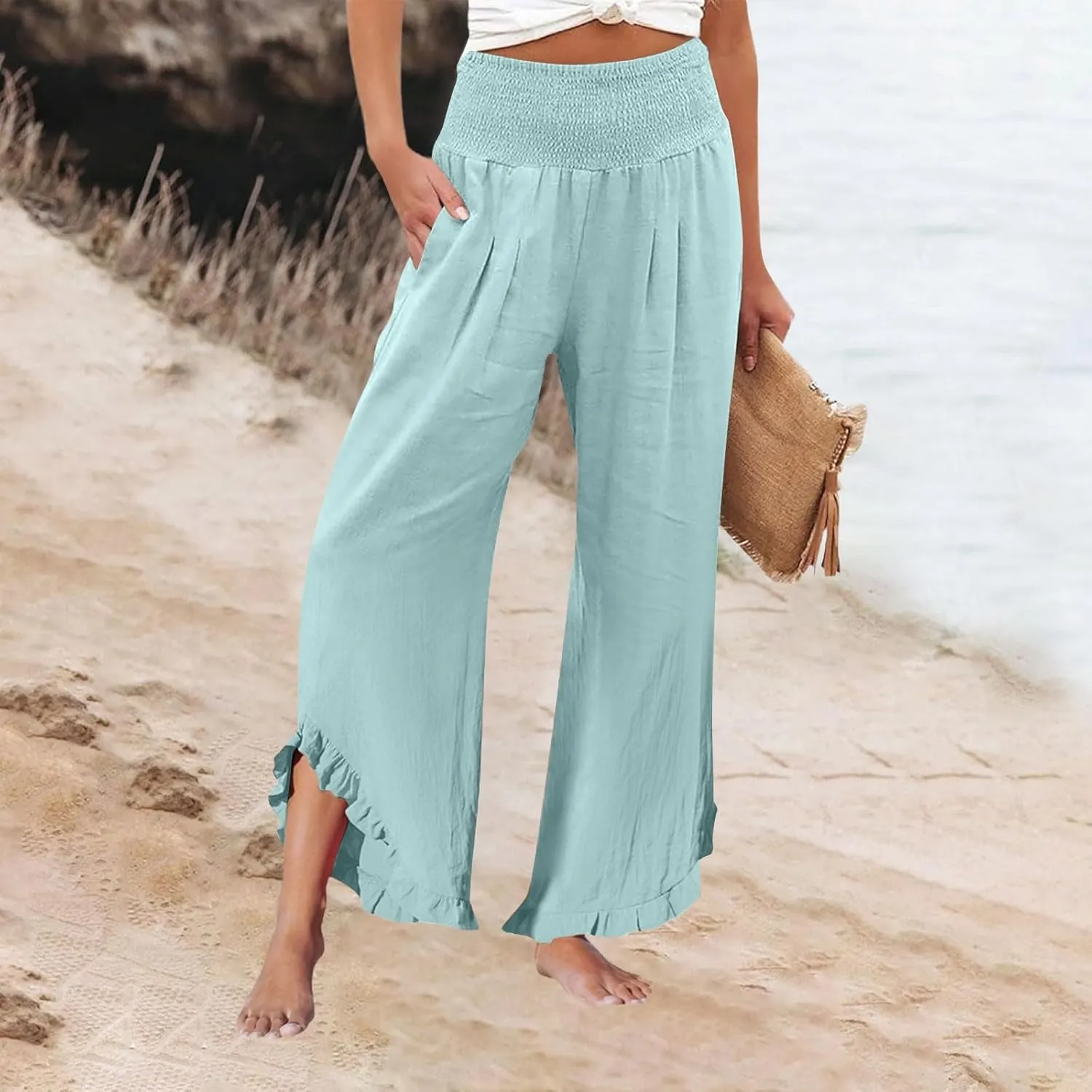 Women's Wide Leg Pants 2025 Solid Petite Stretch Loose Flowy Lounge Pants with Pockets, S-3XL