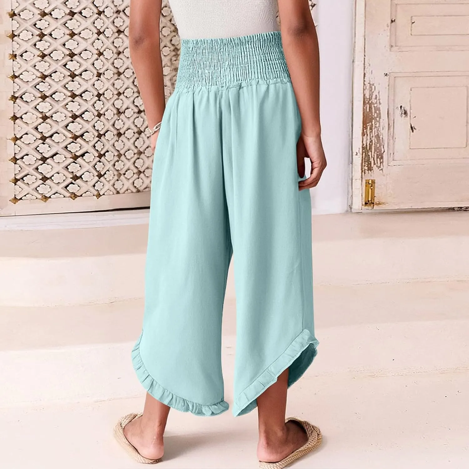 Women's Wide Leg Pants 2025 Solid Petite Stretch Loose Flowy Lounge Pants with Pockets, S-3XL