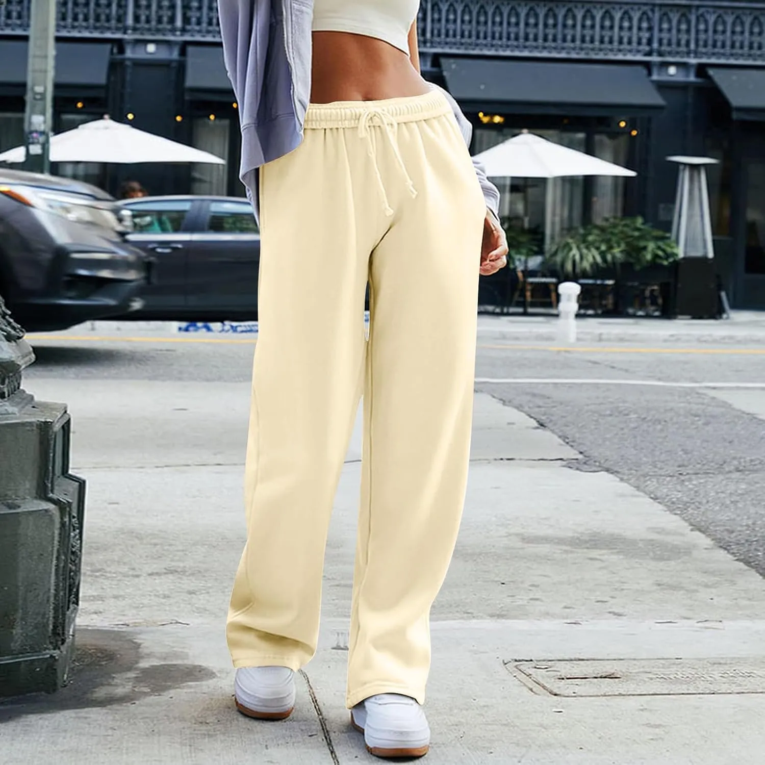 Women's Wide Leg Sweatpants Trendy Interior Drawstring Baggy Sweatpants Y2K Straight Leg Sweatpants with Pockets