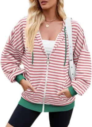 Womens Zip Up Hoodies,Color Block Striped Jackets,Oversize Casual Sweatshirts With Pocket,2024 Fall Fashion Outfits
